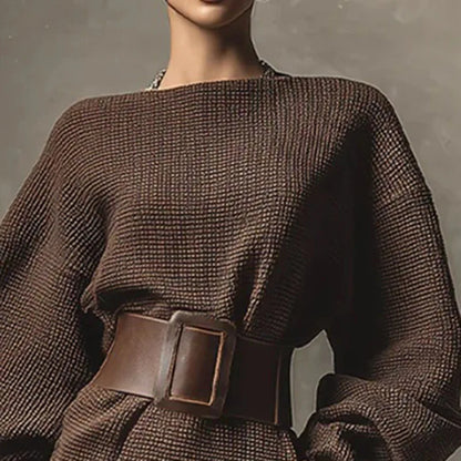 Fall Winter Solid Color Knit Sweater Dress Woman Sexy Slash Neck Sashes Slim Mini Dress Retro Batwing Long Sleeve Pullover Dress