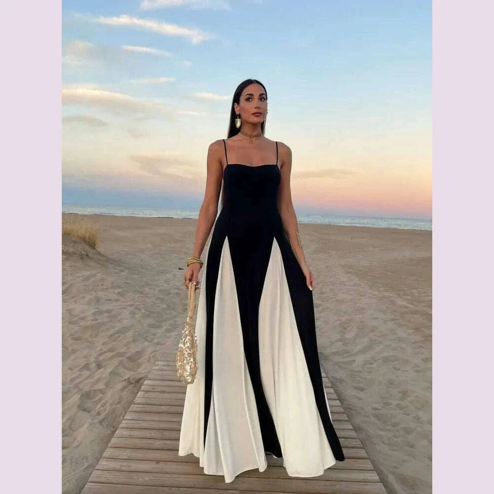 Elegant Black White Dress Color Clash Women Halter Backless Dresses Sleeveless High Waist Floor Length Dresses Party Gowns