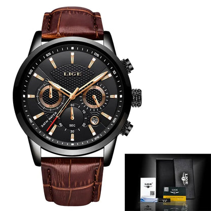 LIGE Watches Men 2024 Top Brand Luxury Casual Leather Quartz Men Watch Man Business Clock Male Sport Waterproof Date Chronograph