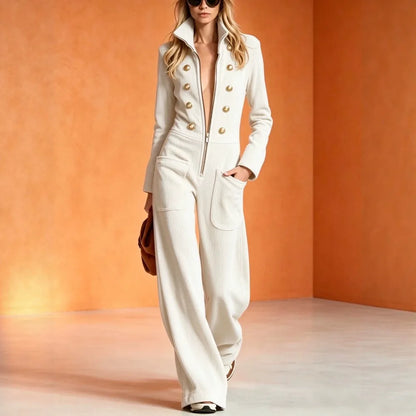 2026 Fall Winter Women Corduroy Stand Collar Front Zip Wide Leg Jumpsuit Mid Waist - Kimlud