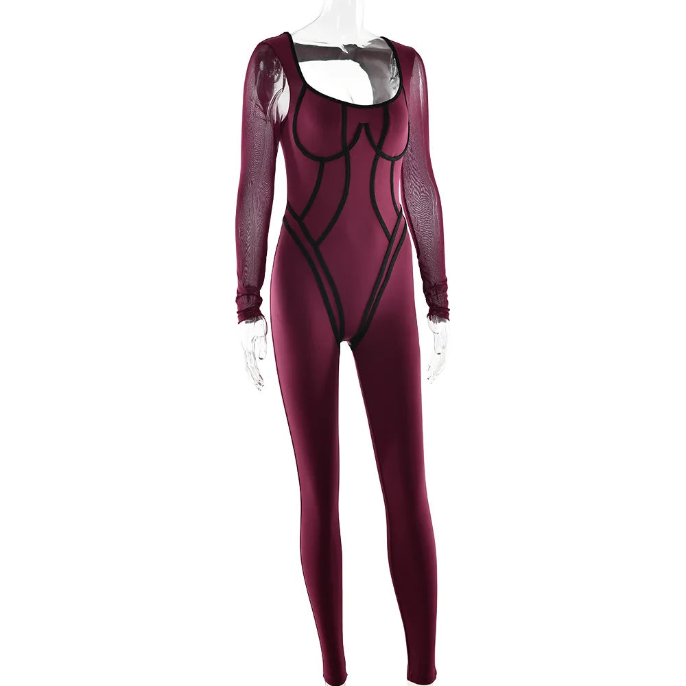 Long Sleeve Backless Sexy Jumpsuit Women Ladies Overalls Elegant Square Collar Striped Skinny Sporty Fitness Jumpsuits Clubwear - Kimlud