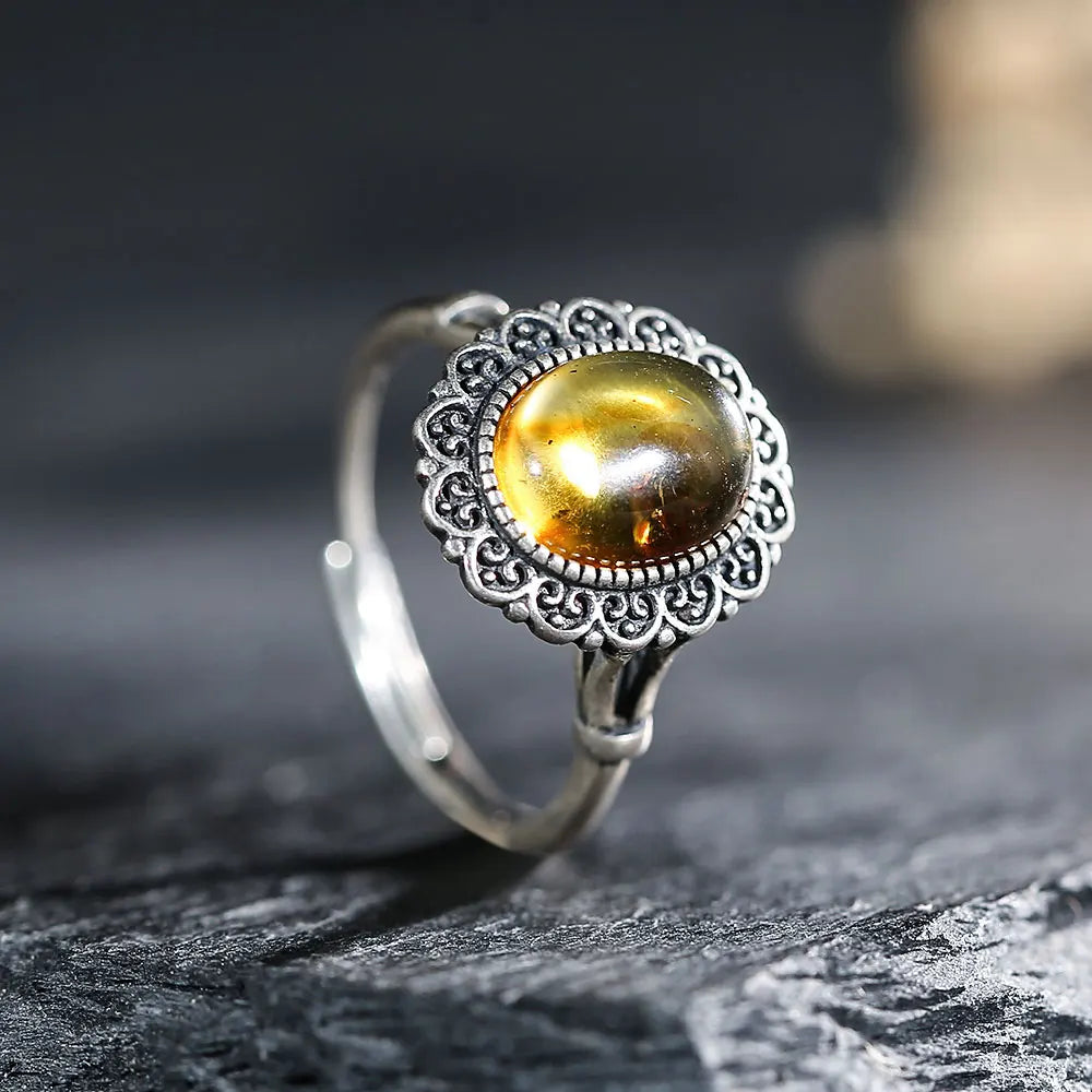 Adjustable Vintage 925 Sterling Silver Ring with Natural Amber, Retro Hollow Floral Design Gemstone Fine Jewelry for Women Man - Kimlud