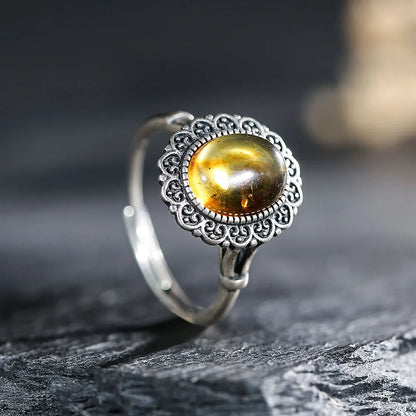 Adjustable Vintage 925 Sterling Silver Ring with Natural Amber, Retro Hollow Floral Design Gemstone Fine Jewelry for Women Man - Kimlud