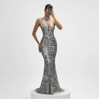 Ofherown Luxury Sequins Beaded Mermaid Evening Dresses Halter Deep-V Neck Prom Gowns Formal vestido de noche Customized