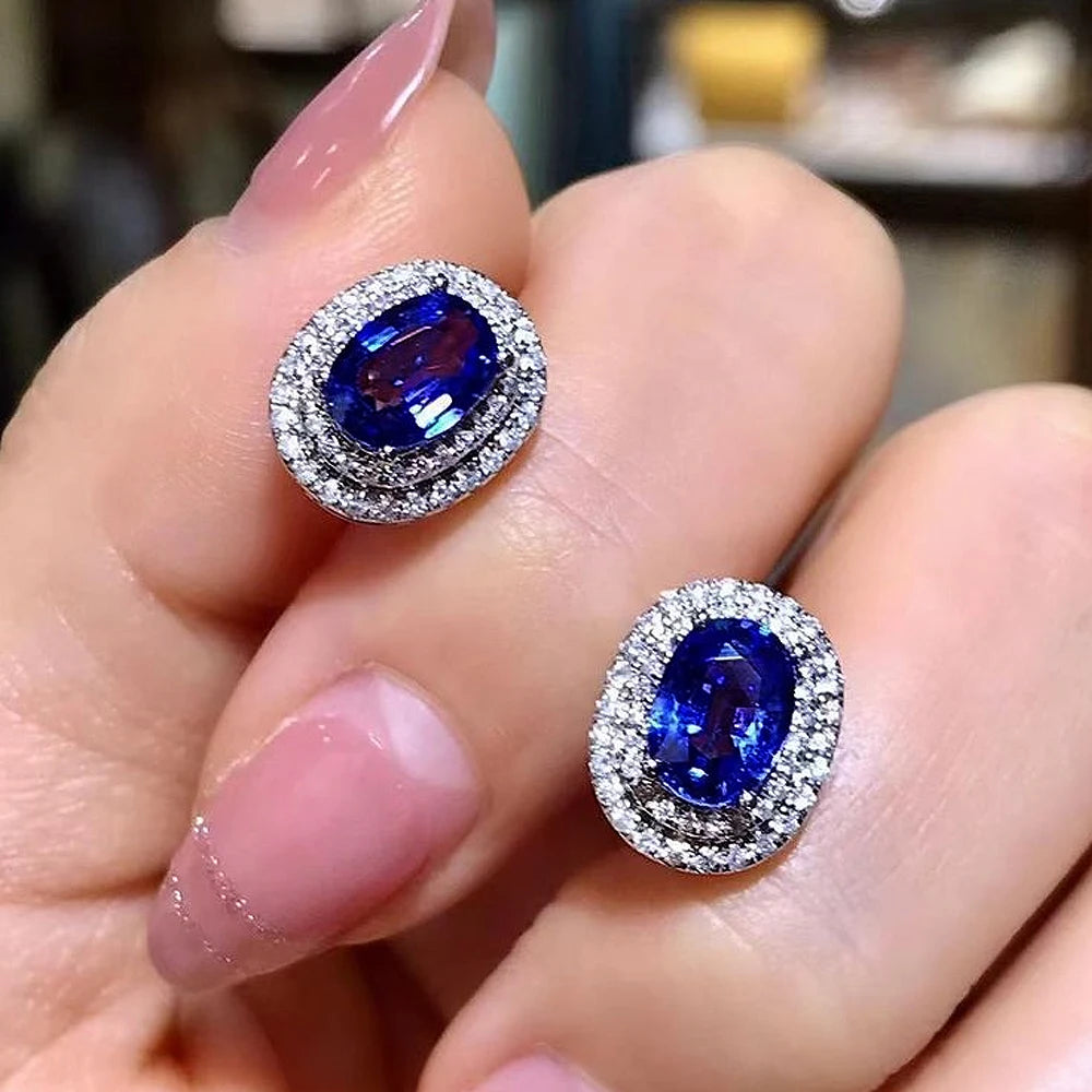 Huitan Gorgeous Blue Cubic Zircon Stud Earrings Temperament Oval Shaped CZ Earrings Wedding Engagement Fashion Jewelry...