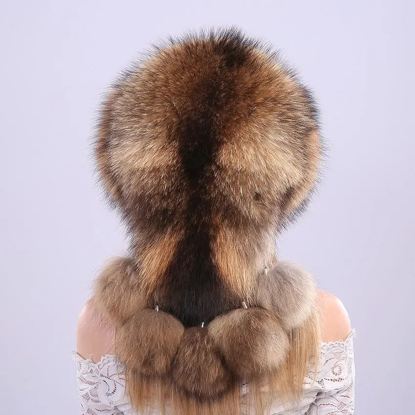 ICYMI Whole Piece Raccoon Fur Hats Unisex Super Warm Russian Outdoor PomPom Caps Skiing Snow Real Fur hats Women Men's Headgear