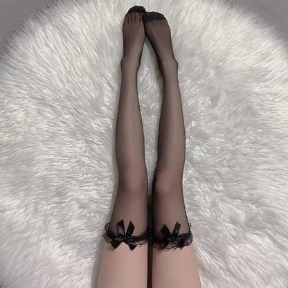 Black White Overknee Long Socks Women Sweet Girls Lolita Bowknot Thigh High Fishnet Stockings Gothic Punk Lace Mesh Legging