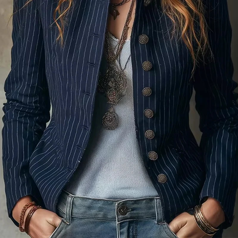 American Style Slim Fit Stripe Jacket Outerwear Lady Autumn Fashion Elegant Stand Collar Single Breasted Coat For Women Top