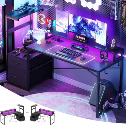 Gaming Desk with LED Strip amp Power Outlet, 59Inch Reversible Computer Desk with Monitor Stand amp Storage Shelves, Home Office