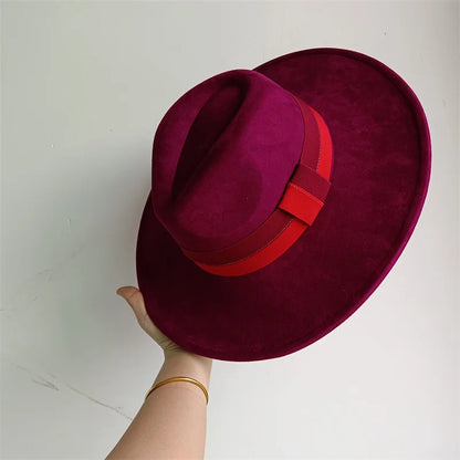 Colorblock Ribbon Colorful Suede Hat Autumn and Winter Women's Felt Hat Wide Brim Hat British Style Retro Men's Gorras Hombre - Kimlud