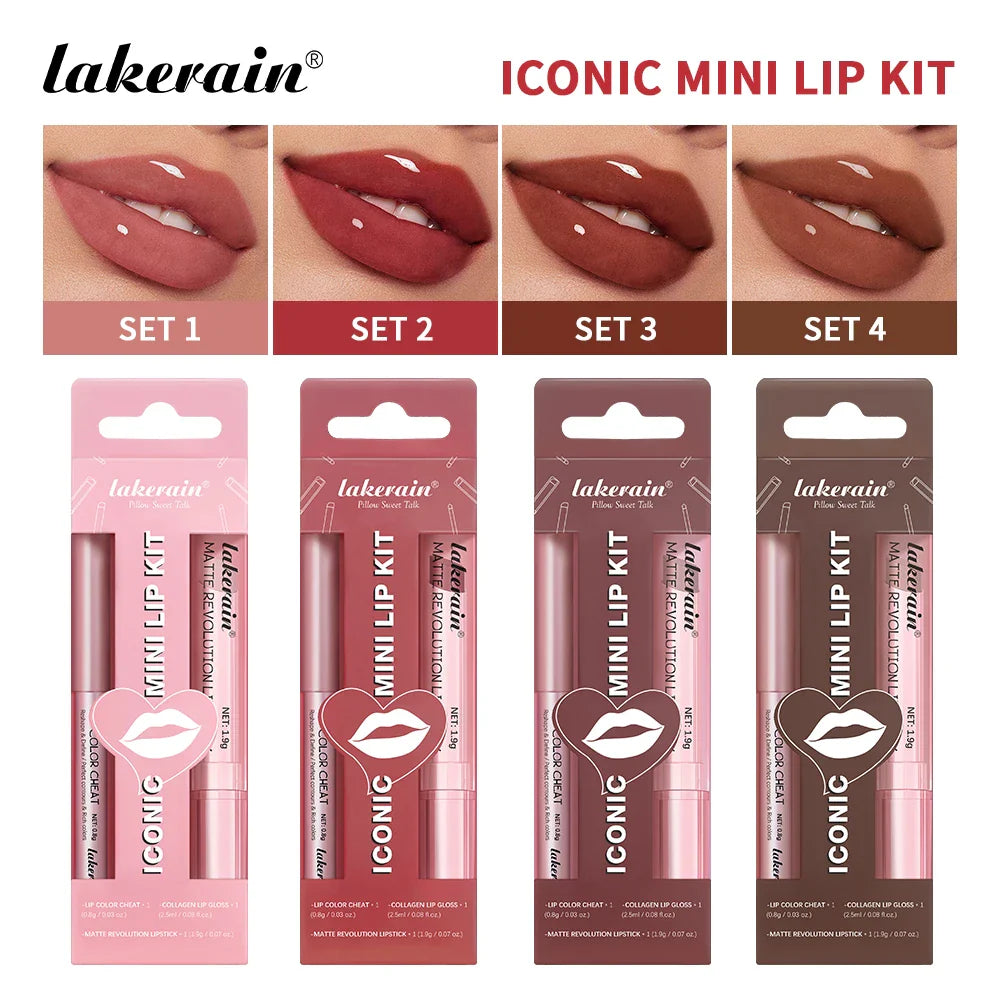 lakerain 3pcs mini matte lipstick+lip gloss+lip liner set precise outline three-dimensional lip plumping lipstick set