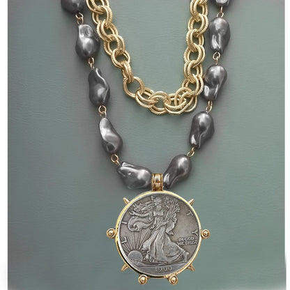 2025 chunky layer Jewelry Luxurious imitation grey pearl exaggerate coin charm pendant Clasps Carabiner Necklace...