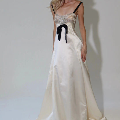 Ofherown Ivory Satin Evening Gown for Women Crystal Beaded Corset Bow A-Line Formal Gala Prom Dress 2026