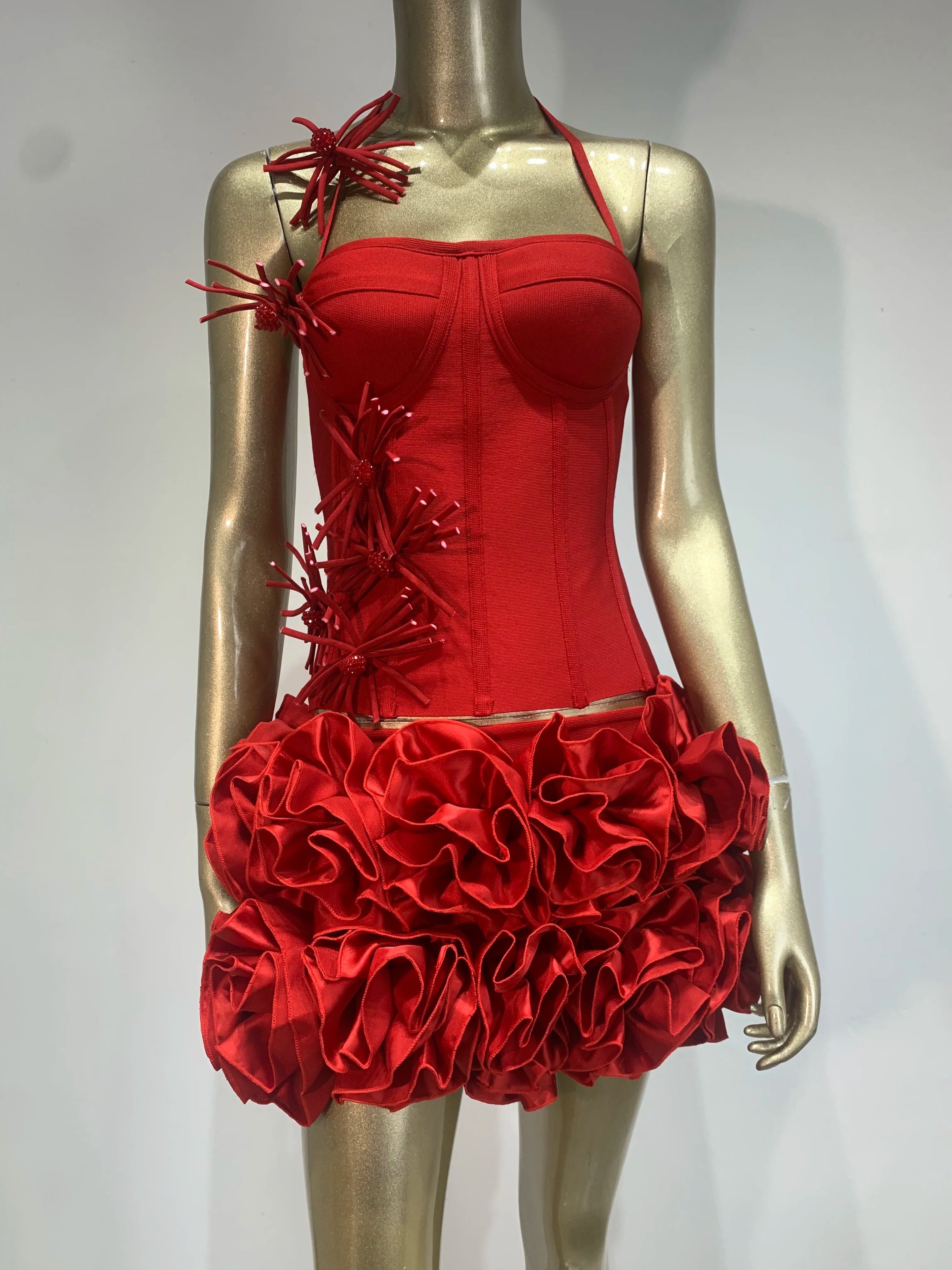 High End Fashion Women Red Bandage Outfit Halter Slash Neck Corset Top And Rose Mini Skirt Two Pieces Sets Evening Club Party