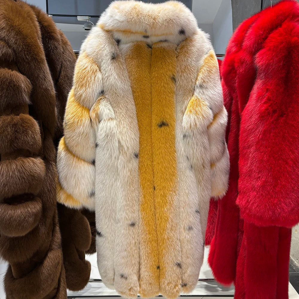 YOLOAgain Luxury Real Fox Fur Jacket Women Long Fur Coat 2025 Winter Warm