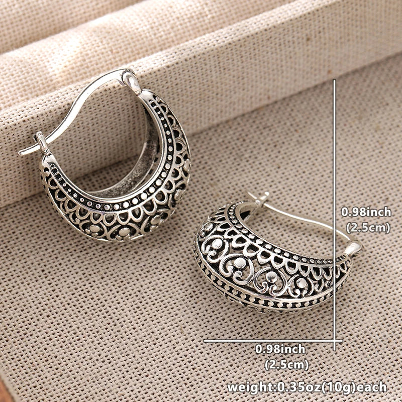Vintage Hand Carved Pattern Hollow Hoops Women's Earrings Silvery Color Metal Geometry Daily Wear Party Jewelry Anniversary Gift
