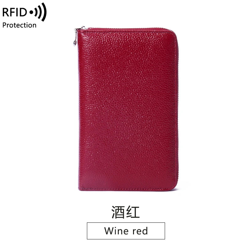 RFID Anti-Theft Cowhide Leather Wallet, Brush Head Layer, Long Passbook Passbook Passbook, Large Capacity Clutch Bag |...
