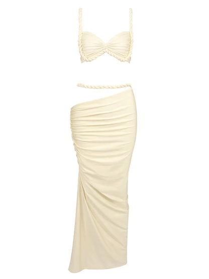 Sexy 2 Piece Set Women Straps Folds Crop Top + Ruched Bodycon Long Skirt Two Piece Dresses Sets Elegant Evening Club...