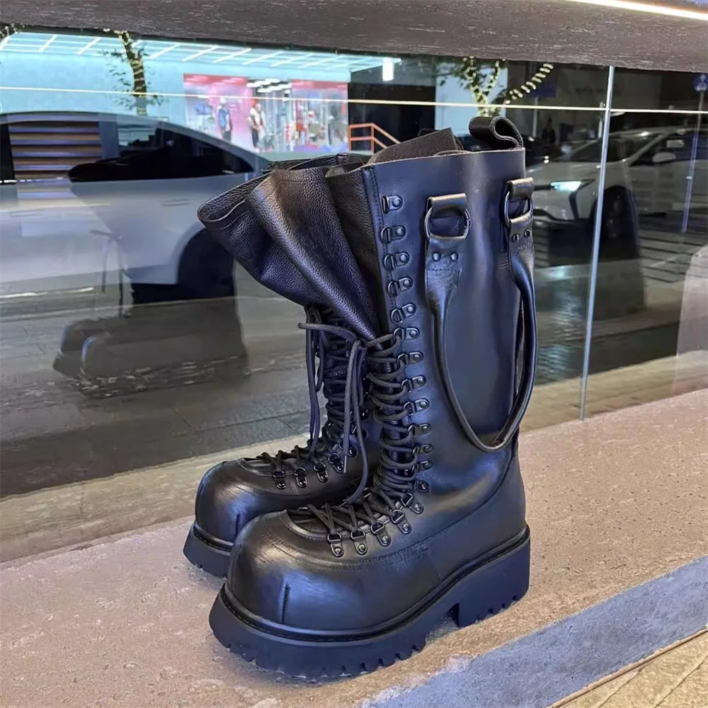 Handheld Boot for Couples Super Cool Big Toe Cross Strap High Top Lace Up Work Boot Men Black Leather Chunky Heel Knee High Boot