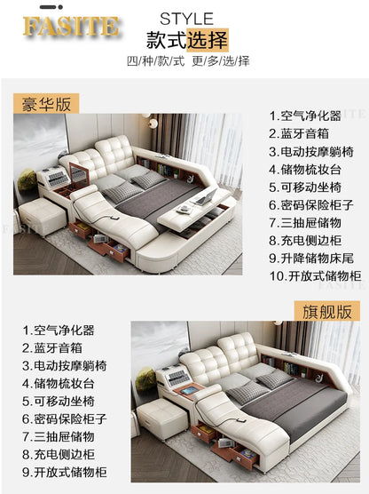 Genuine Leather Tech Smart  Multifunctional Beds Massage Modern Luxury Camas Upholstered With Bluetooth Speaker,Air Cleaner