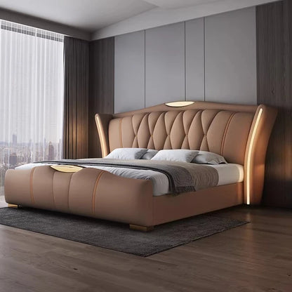 Home Leather bed with light modern minimalist lit 150x200 180x200 200x220 cm Double bed 2 people bedroom beds frames Furniture