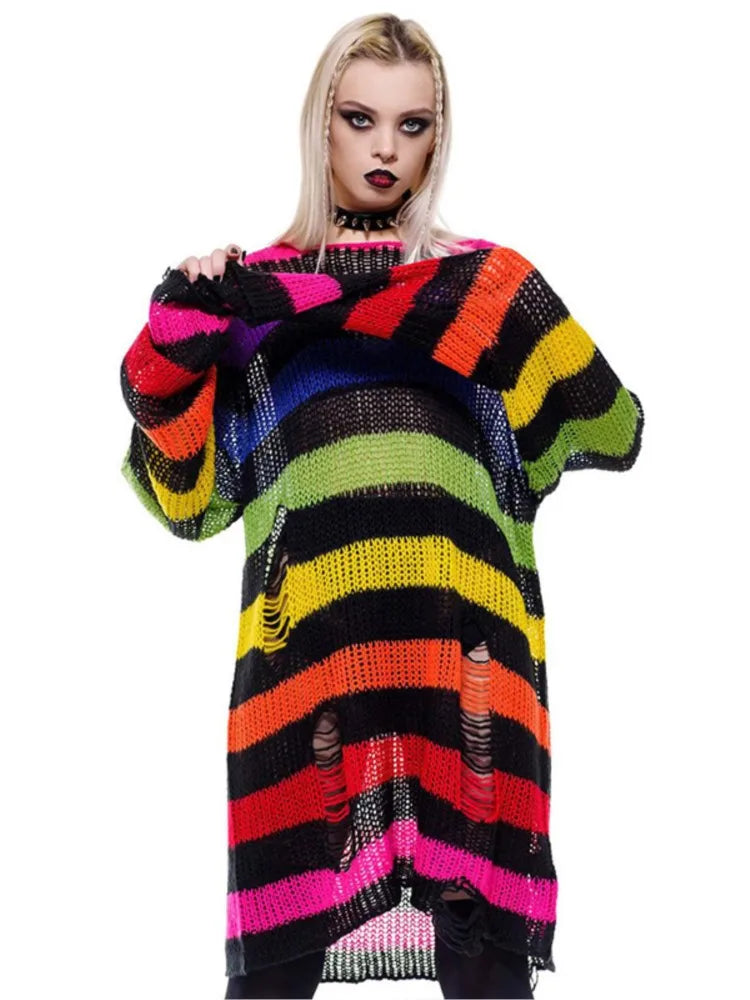 Fashion O-neck Long-sleeved Sweater For Women Autumn High Street Ripped Rainbow Gradient Stripes Mid-length Loose Sweater Female - Kimlud