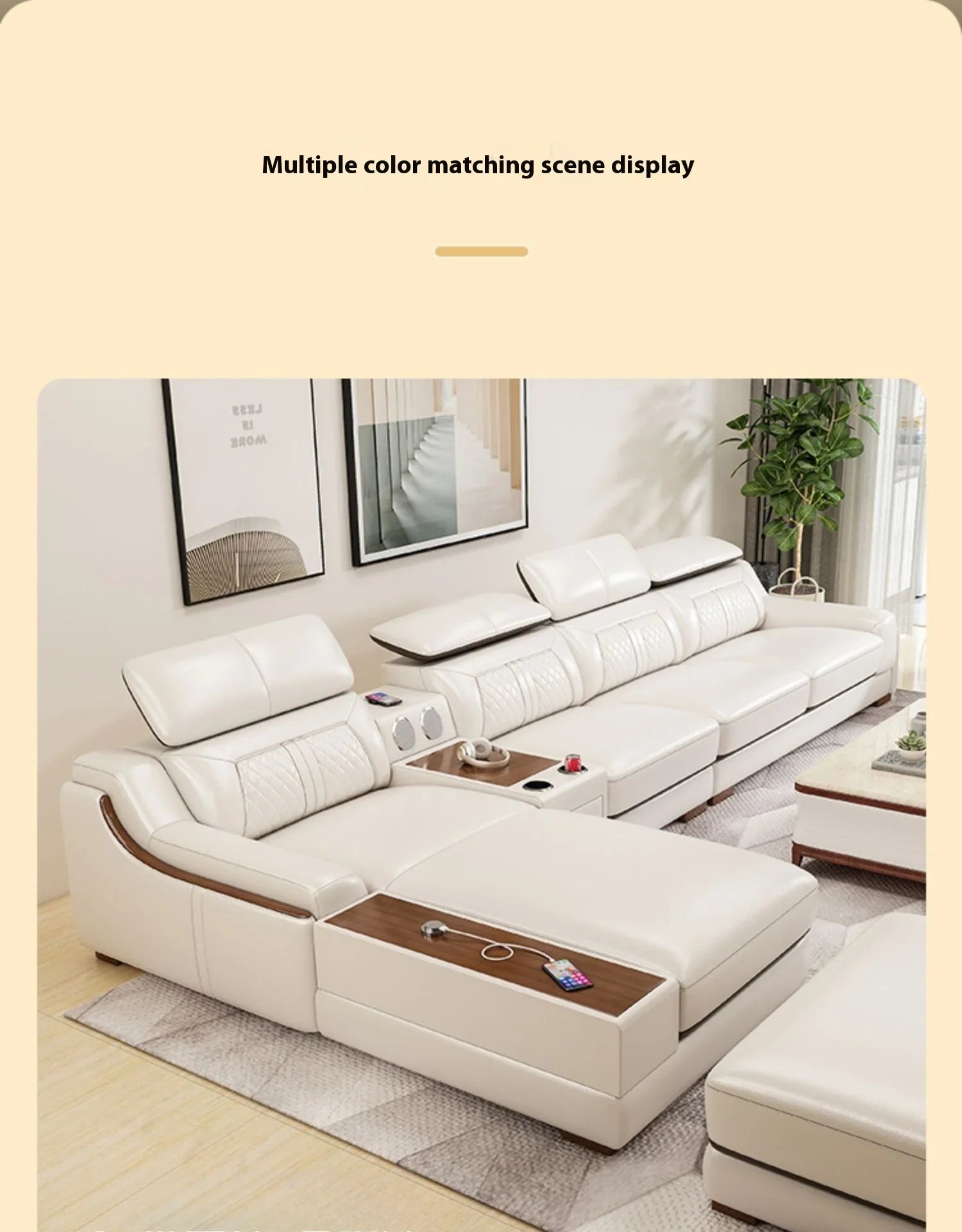 Stylish Italian Genuine Leather Sofa for Living Room with Cup Holder, USB, Adjustable Headrests & Bluetooth Speaker -...