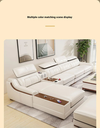 Stylish Italian Genuine Leather Sofa for Living Room with Cup Holder, USB, Adjustable Headrests & Bluetooth Speaker -...