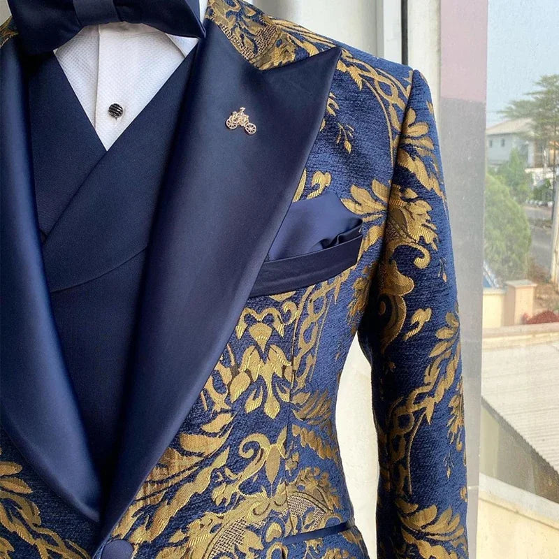 Jacquard Floral Tuxedo Suits for Men Wedding Slim Fit Navy Blue and Gold Gentleman Male Costume Suit Set | Kimlud Luxury Rug