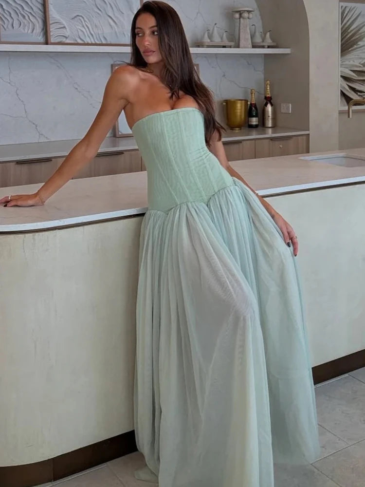 Sexy Sleeveless Mesh Patchwork Long Dress Women Light Green Strapless Slim A Line Dresses Celebrity Evening Club Party...