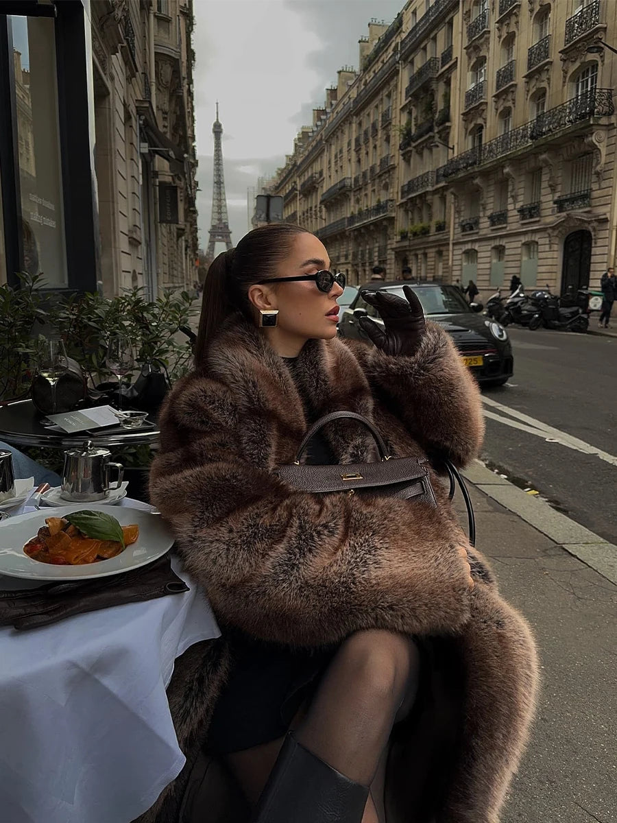 Brown Stripes Gradient Premium Faux Fur Maxi Long Coat Luxury Vintage Fluffy Lapel Collar Midi Coat Pinterest Style Slay Outfits