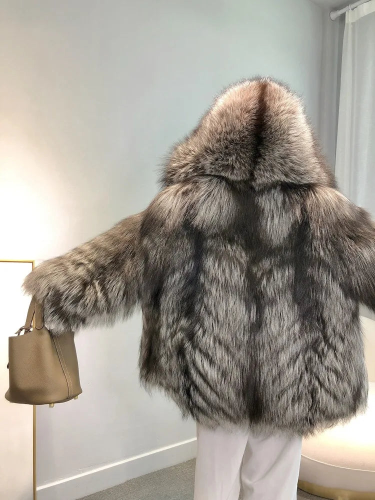 Real Natural Silver Fox Fur Coat Highend Quality Hood Genuine Women Winter Luxury Female Jacket Long Sleeve