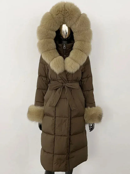 CXFS New Real Raccoon Fox Fur Collar Hooded Natural Long Winter Jacket Women 90 White Duck Down Coat Thick Warm Casual Outerwear