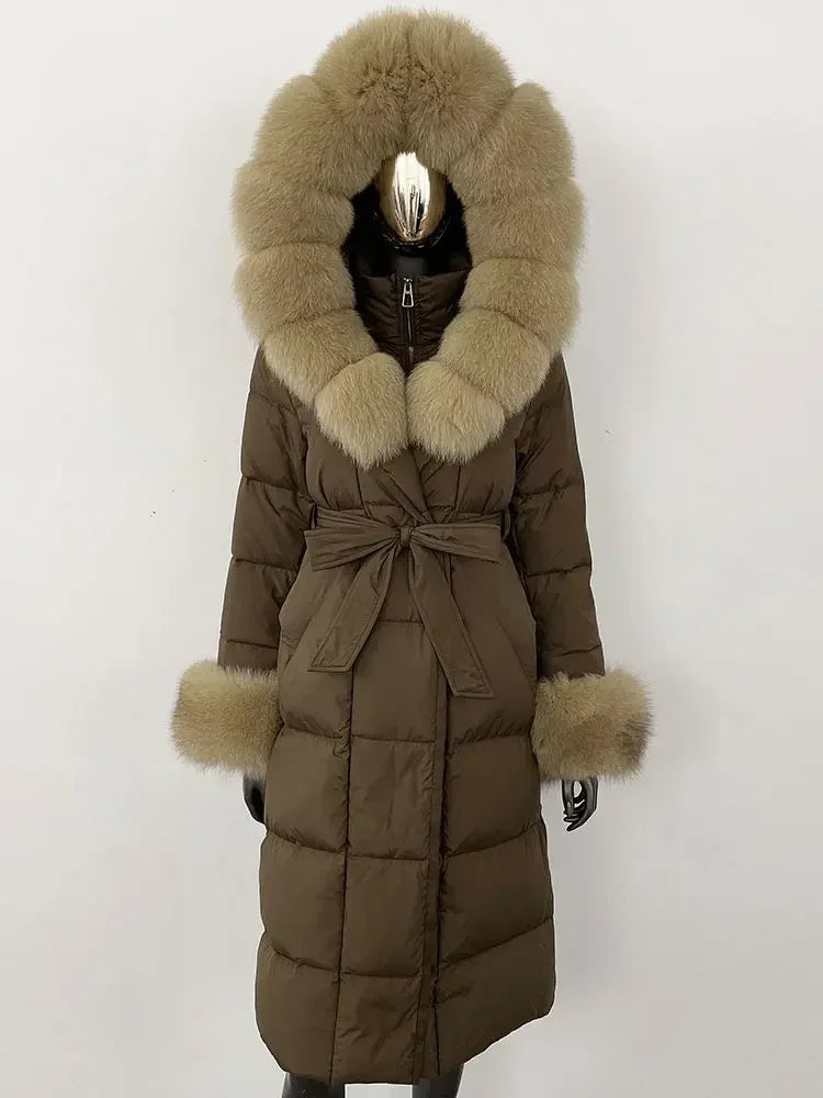 CXFS New Real Raccoon Fox Fur Collar Hooded Natural Long Winter Jacket Women 90 White Duck Down Coat Thick Warm Casual Outerwear