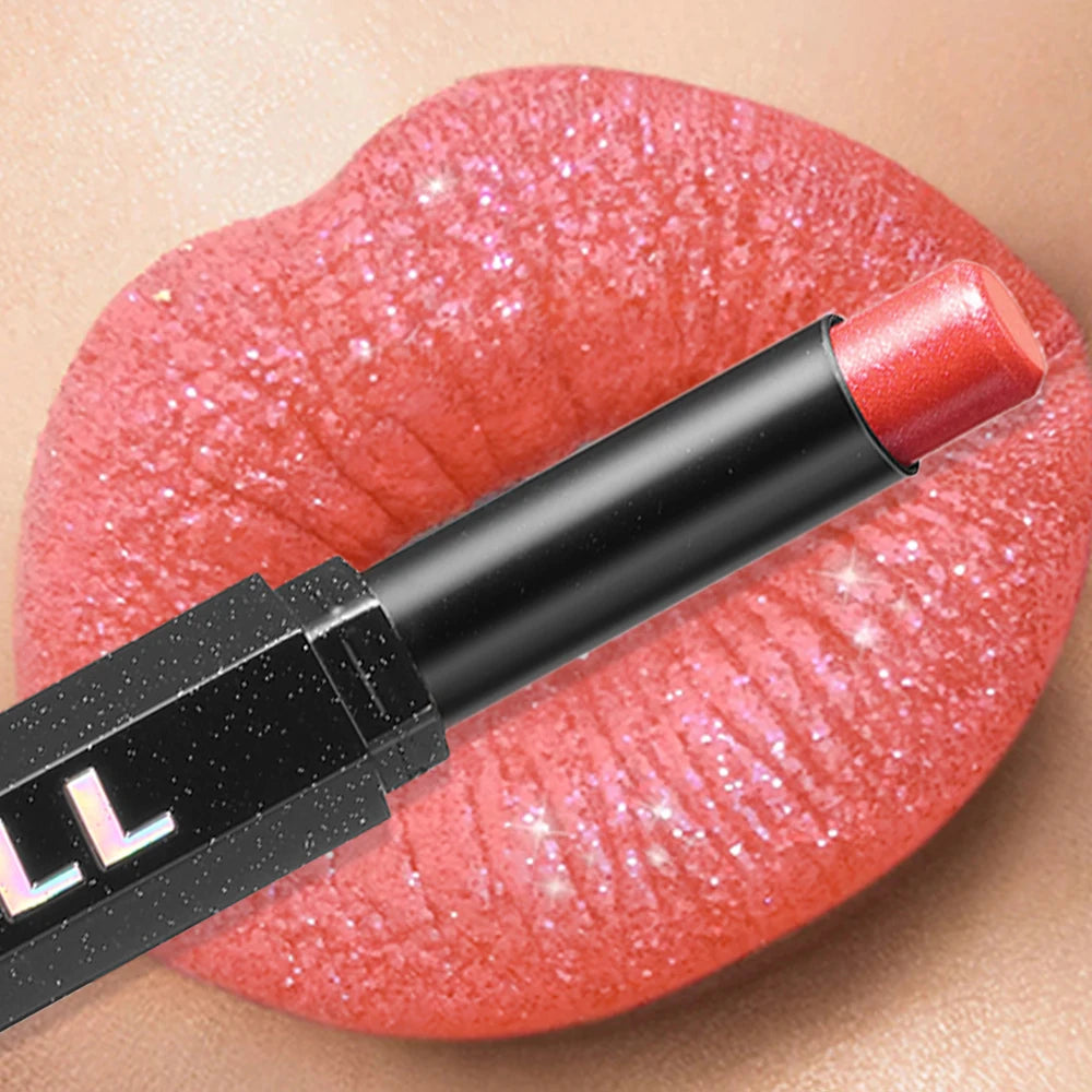Diamond Shiny Lipstick Highly Pigmented Metallic Pearl Lipstick Waterproof Long-Lasting Makeup Sparkle Radiant All Day Cosmetic