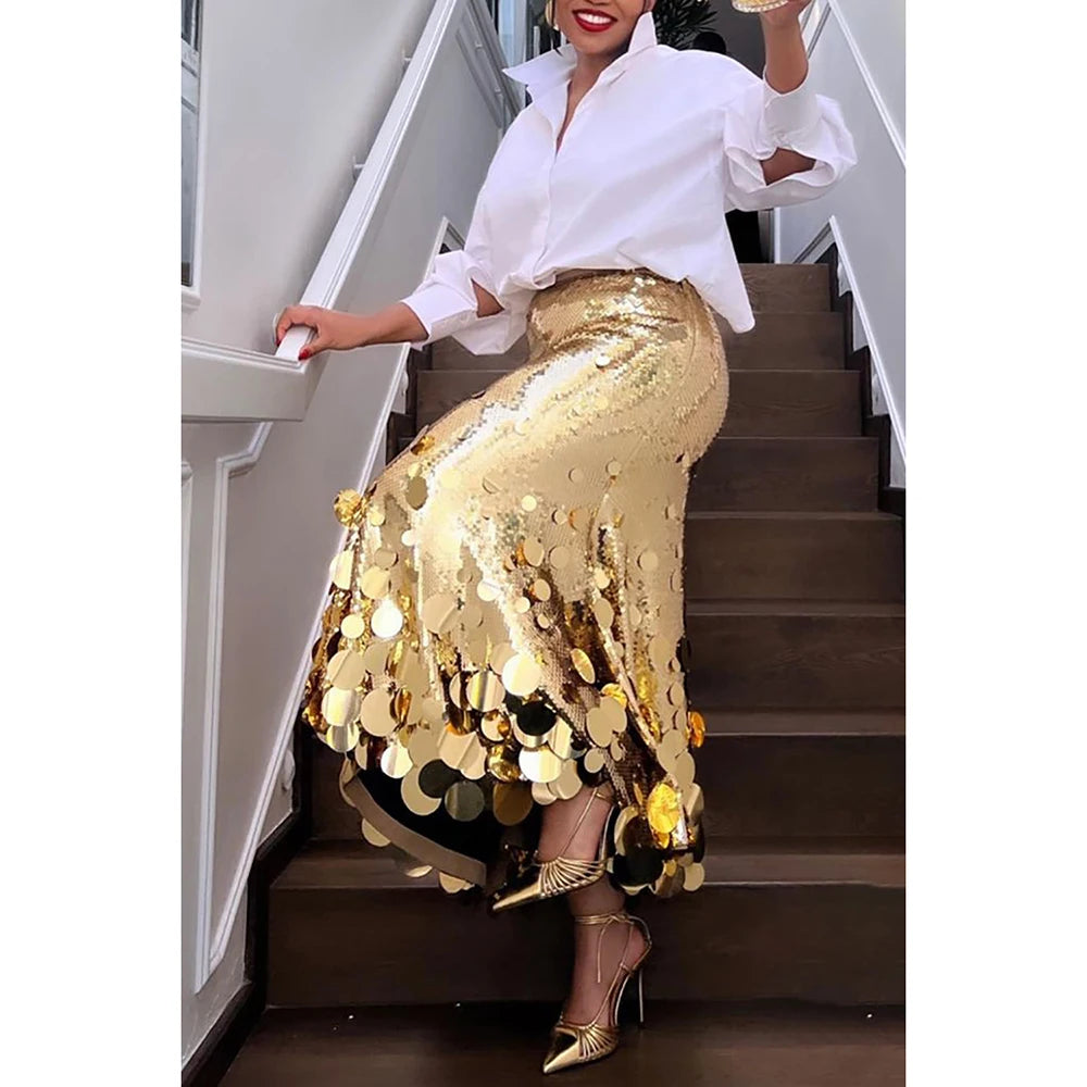 Sequins A-Line Women Plus Size Skirt Elegant High Waist Luxury Loose Irregular Hem 2025 Summer New Party Evening Cocktail Skirts