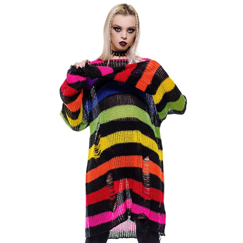 Fashion O-neck Long-sleeved Sweater For Women Autumn High Street Ripped Rainbow Gradient Stripes Mid-length Loose Sweater Female - Kimlud