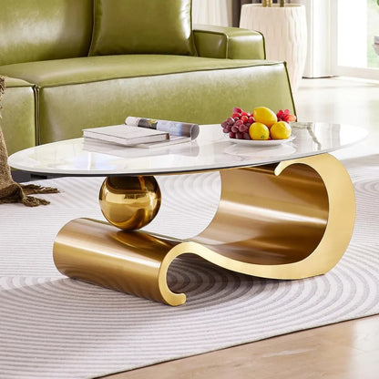 49.2-Inch Modern Oval Faux Marble Coffee Table with Sturdy Gold Metal Base - Luxury Living Room Furniture for Home Decor - Kimlud