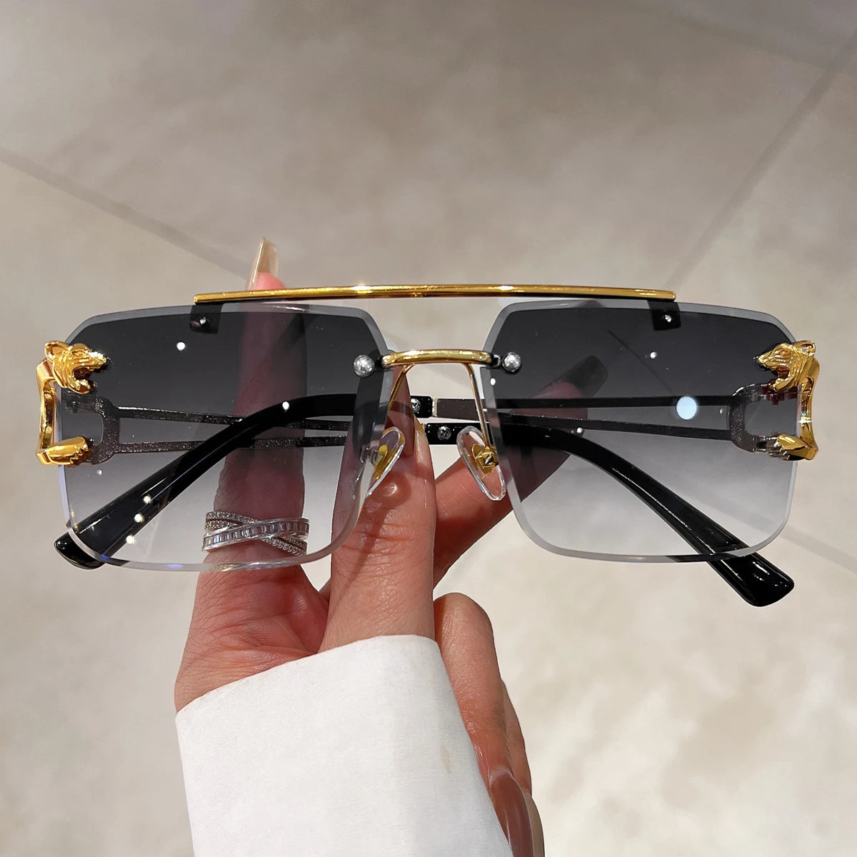 KAMMPT Vintage Rimless Sunglasses Men Women Fashion Oversized Square Shades Eyewear New Double Bridge Gradient UV400 Sun...