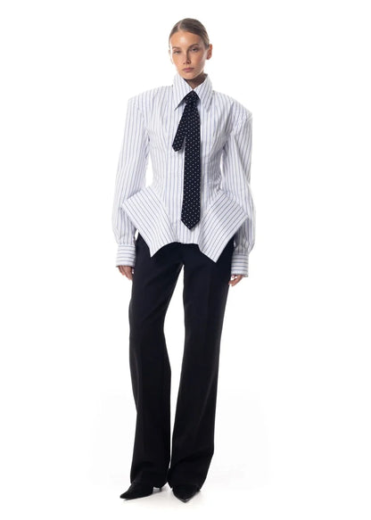 DFDG Women's Spring Summer Lapel Striped Fitted Asymmetrical Hem Shirt Casual Office Date 2026 Trendy Feminine Fashion Shirt - Kimlud