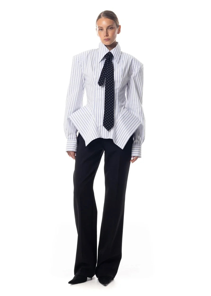 DFDG Women's Spring Summer Lapel Striped Fitted Asymmetrical Hem Shirt Casual Office Date 2026 Trendy Feminine Fashion Shirt - Kimlud