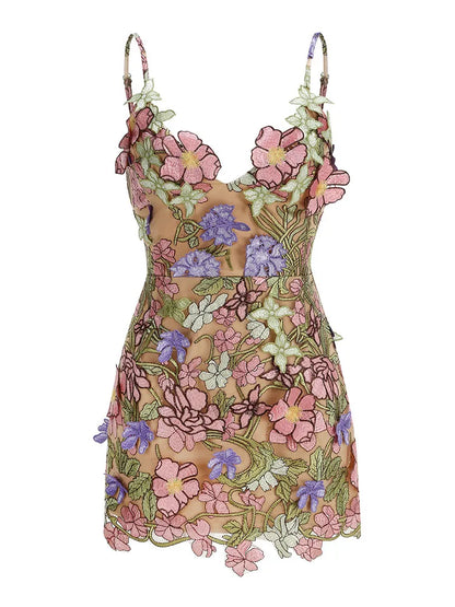 Sexy Spaghetti Straps V Neck Embroidery Mini Dress Women Sleeveless Backless Lace Up Slim A-line Dresses Evening Party Gowns