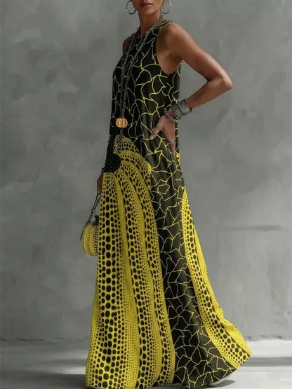 Fashion Abstract Polka-Dot Printed Maxi Dresses Pockets Sleeveless Round-Neck Loose Casual Vacation Party Long Dress...