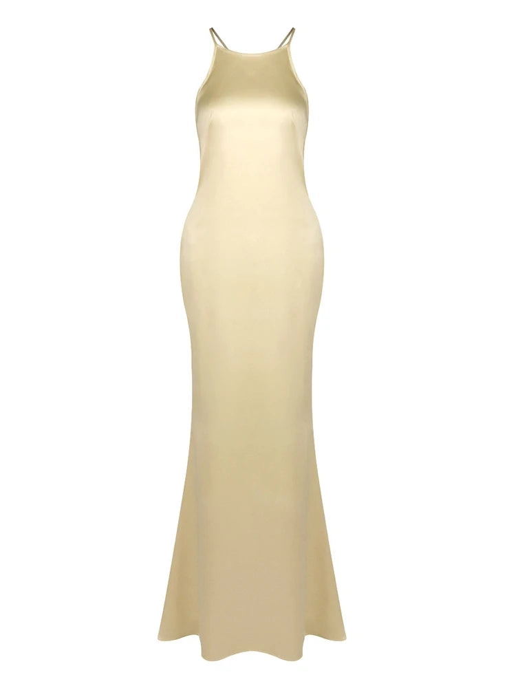 Sexy Halter Neck Straps Backless Diamonds Buckle Long Dress Women Black Sleeveless Slim Elegant Celebrity Evening Party Gowns
