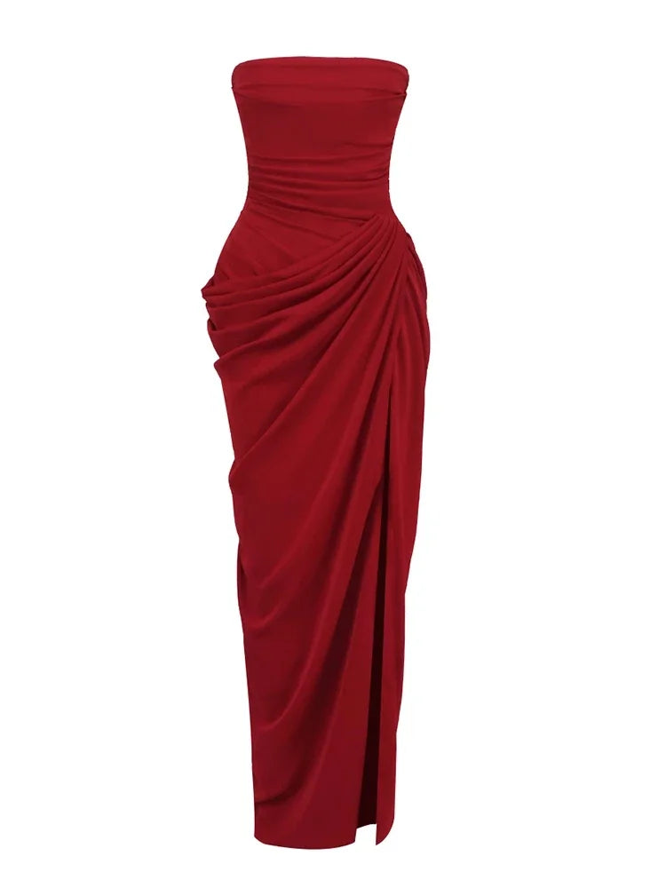 Sexy Strapless Folds Ruched High Split Long Dress Women Sleeveless Backless Lace-up Slim Dresses Celebrity Evening Party Gowns