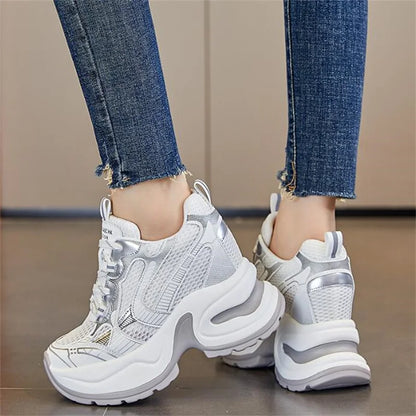 2025 12cm Synthetic Air Mesh Genuine Leather Vulcanize Chunky Sneakers Summer Autumn Leisure Spring Women Platform Wedge Pumps - Kimlud