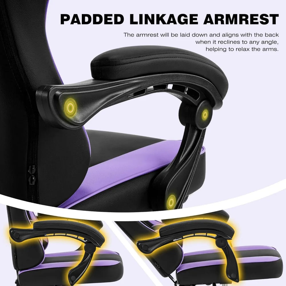 Purple Ergonomic High-Back Gaming Chair for Adults and Teens with Extended Footrest and Removable Headrest, Comfortable Computer