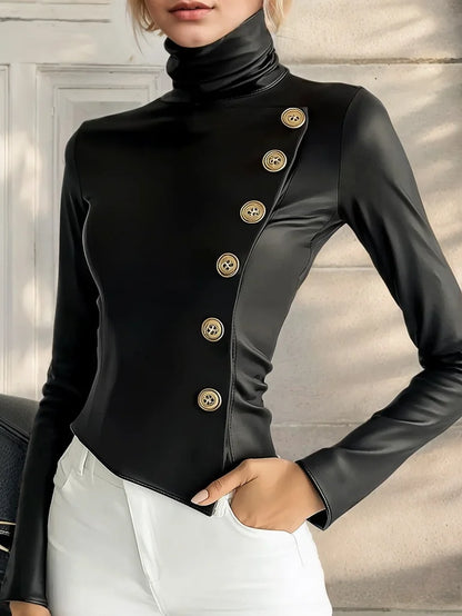 Women Leather PU  T Shirts Irregular Slit Hem Long Sleve Button Turtleneck High Street Slim Tops Casual Vintage Spring Tops 2025