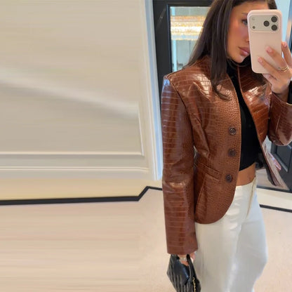 Street Print Pu Leather Women Jacket Fashion Long Sleeve O-neck Single Breasted Female Outwear 2026 Autumn Lady...