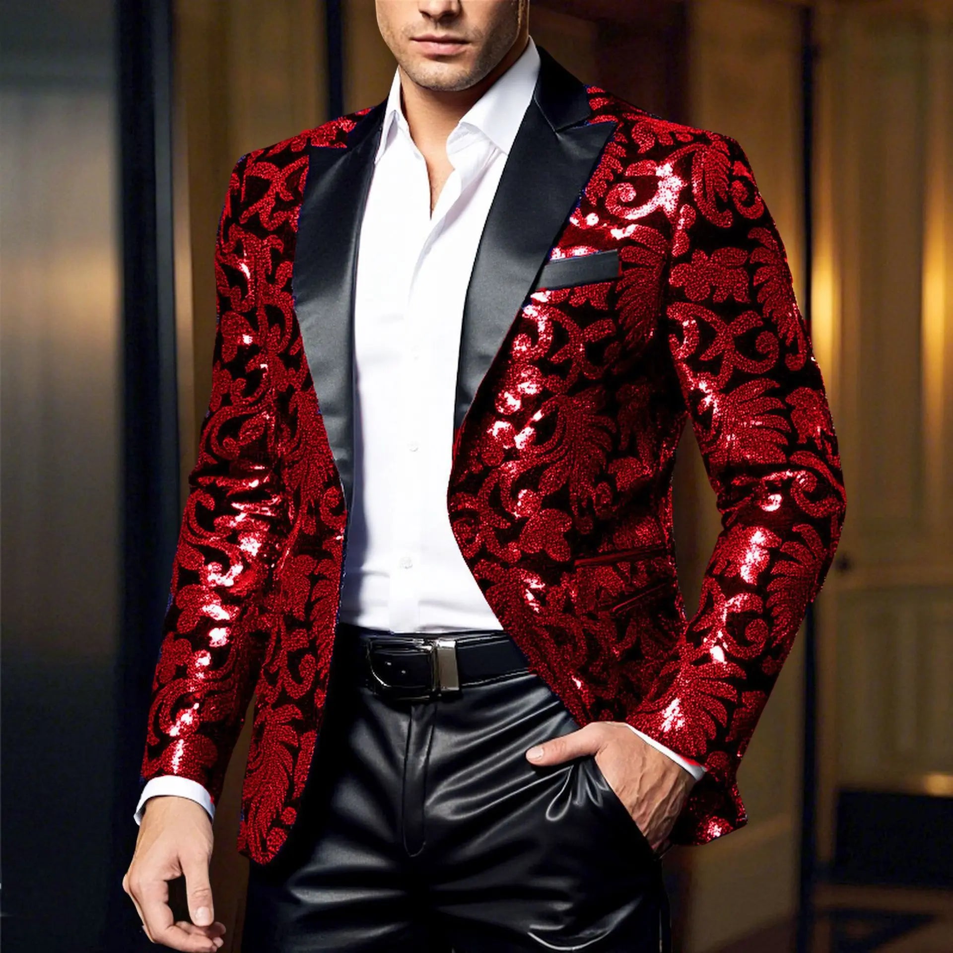Shiny Sequin Embellished Single Button Stage Performance Outerwear in Blue Gold Green Purple Options for Men's Red Suit...